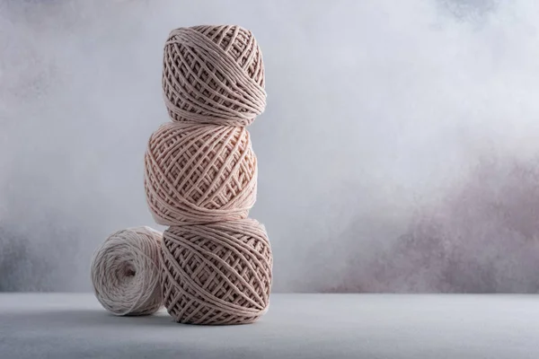 Stack Cotton Threads Pastel Color Skeins Craft Handmade Gray Background — Stock Photo, Image