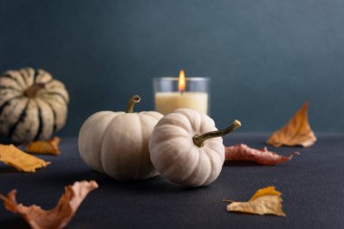 Sonbahar ve Şükran Günü tatilleri için arka planda küçük dekoratif balkabakları ve cam aromalı mum ev dekorasyonu.