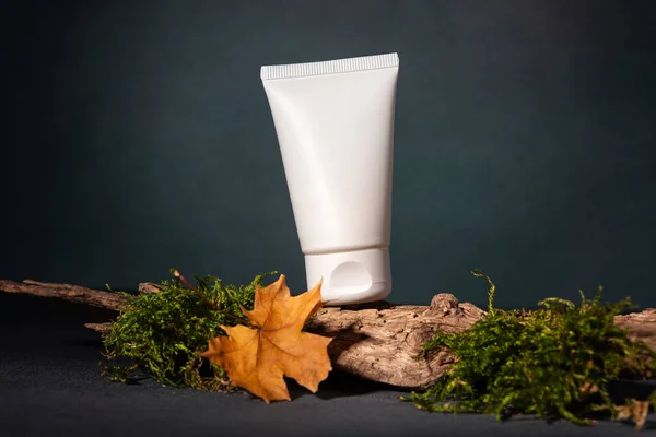 Cosmetic skin care product (body lotion, hair shampoo, face cream) on autumn background with fallen leaves. Natural eco beauty and organic skin care concept.