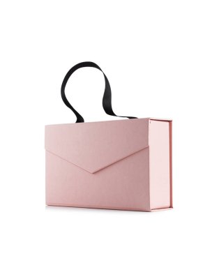 Beyaz arka planda siyah kurdele saplı pembe karton kutu. Kutuyla boş maket yap.