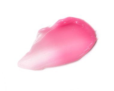 Beyaz arka planda izole edilmiş pembe kozmetik lekesi veya dudak parlatıcısı, tırnak cilası veya diğer ürün dokusu örnekleri