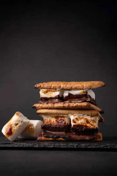 어두운 배경에 크래커와 초콜릿 맛있는 마쉬멜로 샌드위치 스톡 사진