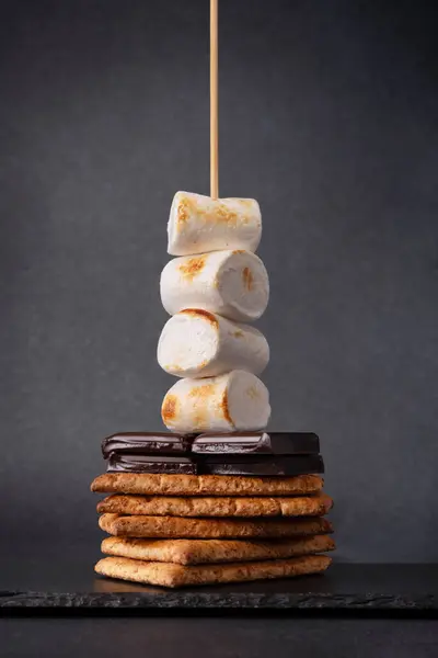 Rostade Marshmallows Kex Och Choklad Som Ingredienser Till Hemlagade Mores Stockbild
