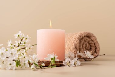 Yanan mum spa odasındaki masaya aroma yayıyor. Pastel renkli mum ve kiraz çiçekli dal ile kaplıca tedavisi için güzel bir kompozisyon.. 
