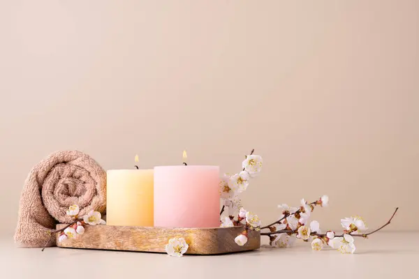 Burning Candles Spreading Aroma Table Spa Room Beautiful Composition Pastel Stock Image