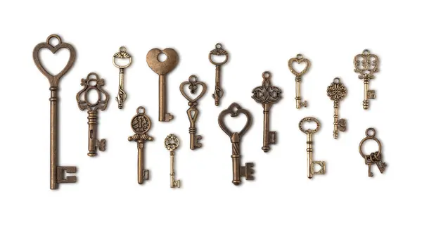 Sammlung Von Dekorativen Vintage Schlüsseln Aus Kupfer Oder Bronze Nahaufnahme Stockfoto