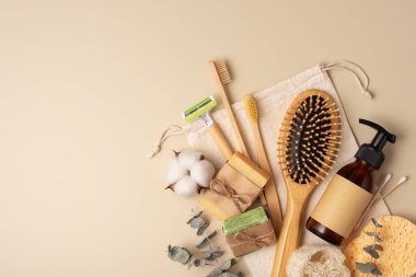 Çevre dostu güzellik ürünleri. Sürdürülebilir, çevre dostu, plastiksiz kişisel bakım programları için sıfır atık kişisel temizlik konsepti.
