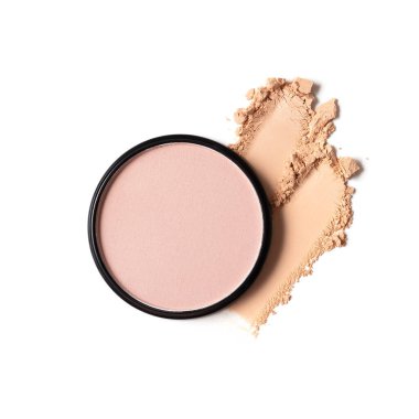 Makyaj pudrasının minimalist düz hali. Beyaz arka planda ezilmiş toz var. Güzellik, kozmetik ve cilt bakımı için mükemmel. Temiz, modern estetik..