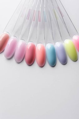 Pastel oje örnekleri yumuşak yeşil, sarı, leylak, mavi ve pembe arkaplanda. Farklı parlak renklerde tırnak uçları. Zarif ve enerjik güzellik konsepti.