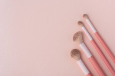 Pastel arka planda dört yumuşak pembe makyaj fırçası düzlüğü. Kozmetik markalaşma, ürün sunumu, reklam veya güzellik endüstrisi tasarım projeleri için minimalist modelleme şablonu.