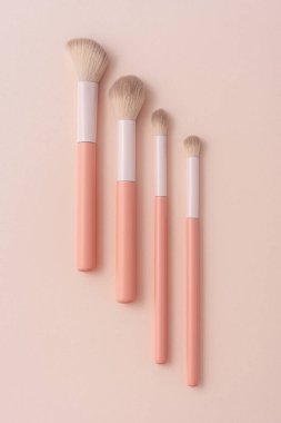 Pastel arka planda dört yumuşak pembe makyaj fırçası düzlüğü. Kozmetik markalaşma, ürün sunumu, reklam veya güzellik endüstrisi tasarım projeleri için minimalist modelleme şablonu.