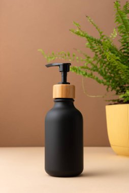 Arka planda yeşil eğreltiotu olan minimal siyah kozmetik şişe modeli. Zarif, çevre dostu cilt damgalama konsepti.