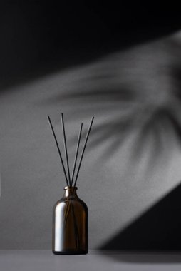 Kahverengi cam kamış aromalı difüzyon. Arka planda dramatik gölgeler, minimalist durgun yaşam, zarif ev dekorasyonu ve sağIık aksesuarı..