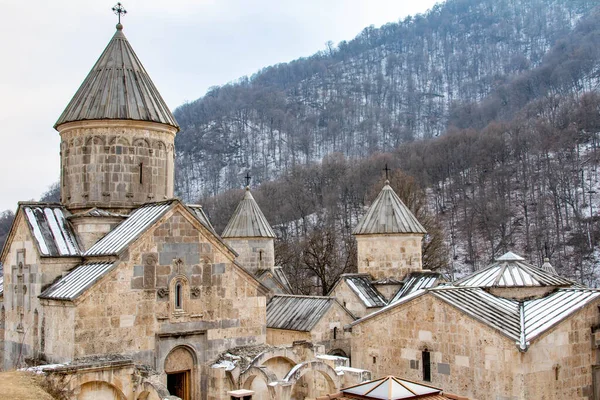 Christian church in the forest. Old monastery complex. Apostolic church