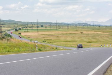 Yeşil tarlalardan geçen yol. Yoldaki arabalar.