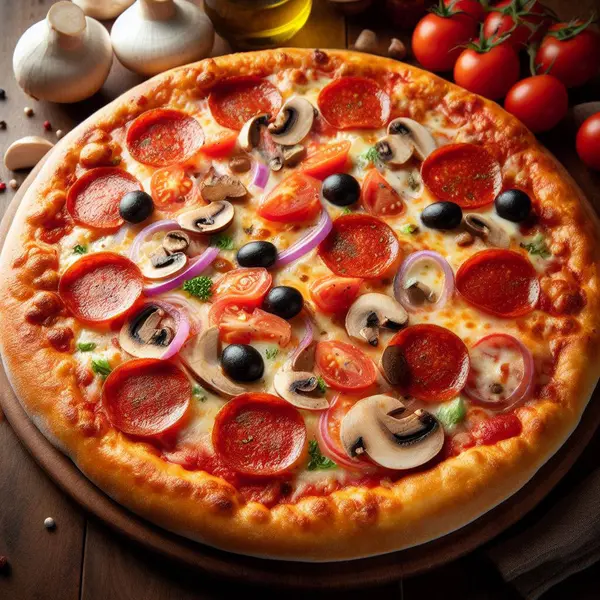 pizza with mushrooms and tomatoes.