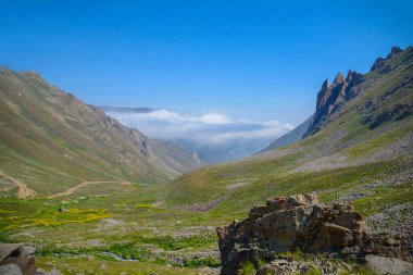 Yazın kayalar ve dağlarla kaplı dağ manzarası