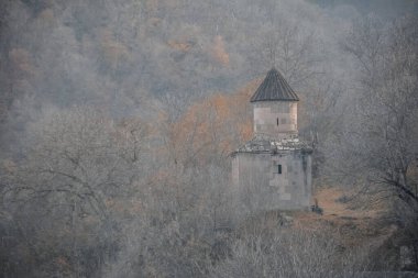 Ormandaki bir kilisenin güzel bir görüntüsü. Ormandaki eski tapınak. Din mimarisi