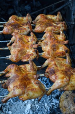 Ateşin üstünde tavuk. Tavuk barbeküsü. Bir restoranda fırında kızarmış tavuk, fotoğrafa yakın çekim. Dumanın içinde ızgara tavuk. Fast food