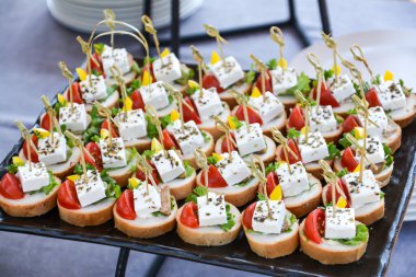 Taze bitkilerle süslenmiş parti için büfe yemeği. Peynirli ve jambonlu sandviç. Lüks restoranda et ve sebzelerle birlikte açık büfe yemekleri. Lezzetli açık büfe masası.