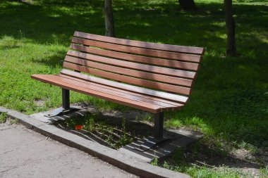 Parktaki yeşil çimlerin yanındaki ahşap bank.