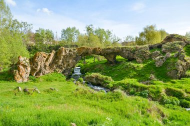 Baharda güneşli bir günde yeşil çimenli ve çiçekli güzel taş bir köprü. Nehrin üzerindeki köprü.