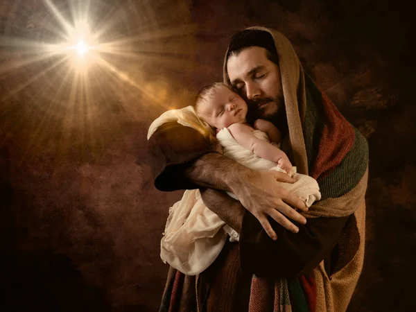 Dumny Tatuś Bawi Się Ojca Józefa Swoim Dniowym Synem Świątecznej — Zdjęcie stockowe