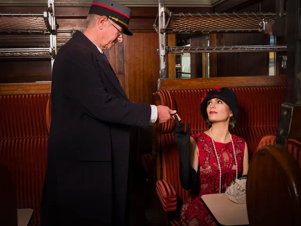 Reenactment Scene Vintage Steam Train Conductor 1927 Authentic First Class — Stock Photo, Image