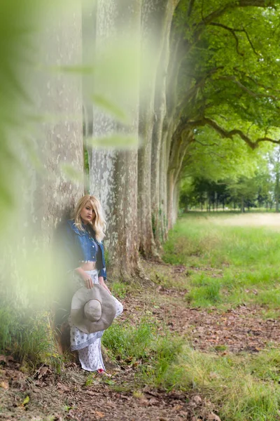 美しいです若いですブロンドの女性は夏に公園で巨大な木に対して立って — ストック写真