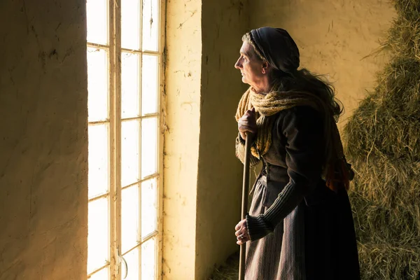 Жінка Історичних Середньовічних Костюмах Працюють Мітлою Сіні — стокове фото