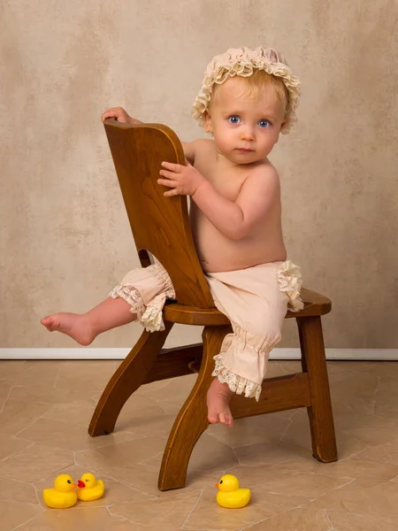 Baby Boy Months Old Sitting Vintage Old Wooden Chair —  Fotos de Stock