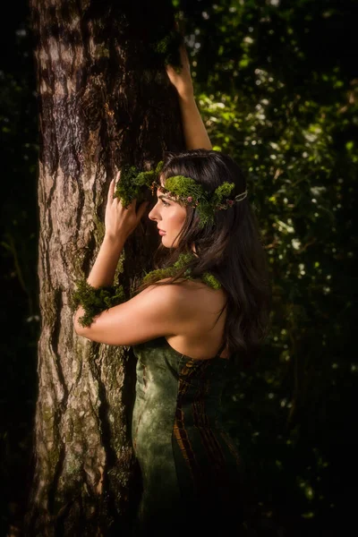シフォン生地とモスガーランドの森の妖精としてポーズ緑のドレスで美しい若い女性 ストックフォト