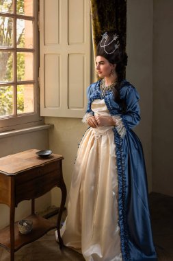 Rokoko kraliçesi Marie Antoinette tarzı giyinmiş ve Fransız şatosunun iç kısımlarında otantik bir peruk takmış güzel bir kadın.