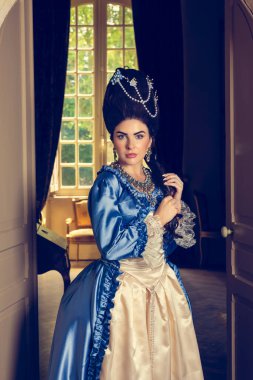 Rokoko kraliçesi Marie Antoinette tarzı giyinmiş ve Fransız şatosunun iç kısımlarında otantik bir peruk takmış güzel bir kadın.