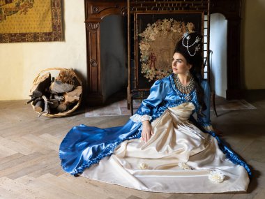 Rokoko kraliçesi Marie Antoinette tarzı giyinmiş ve Fransız şatosunun iç kısımlarında otantik bir peruk takmış güzel bir kadın.