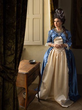 Rokoko kraliçesi Marie Antoinette tarzı giyinmiş ve Fransız şatosunun iç kısımlarında otantik bir peruk takmış güzel bir kadın.
