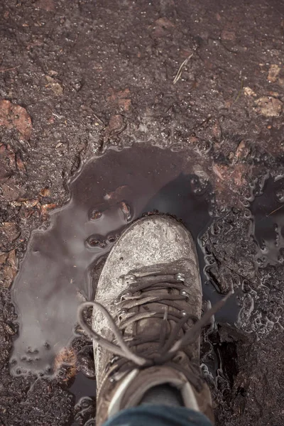 Vertical shot of hiking boot stepping into mud