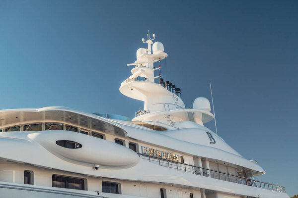 Malaga, Spain, April 2023: Closeup shot of the Mayan Queen super Yacht built by Blohm and Voss