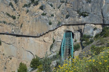 El Chorro, İspanya, Nisan 2023: İspanya 'nın Malaga ilindeki Guadalhorce nehri tarafından oyulmuş bir vadi olan Desfiladero de los Gaitanes' de Caminito Del Rey 'de yürüyen insanlar