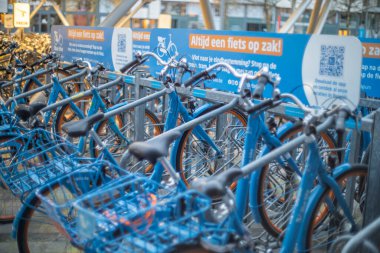 Sint Niklaas, Belgium, February 23th 2025: View on Blue Bike shared bycicles parked near the railroad station of Sint-Niklaas clipart