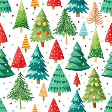 primitive watercolor christmas tree with ornaments, funny vector seamless pattern, surface design clipart