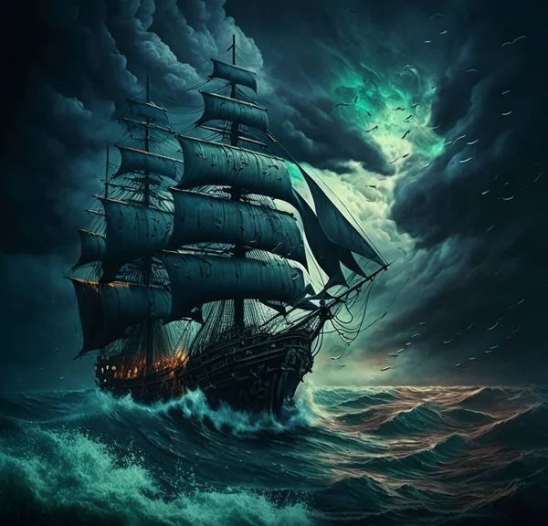 Ancient ship sails on a stormy sea. Retro style art. Storm background