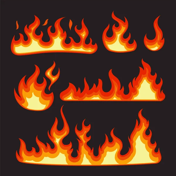 Ogień Płonący Wektor Projekt Kolekcja Czerwony Pomarańczowy Kolory Odizolowane Ciemne — Wektor stockowy
