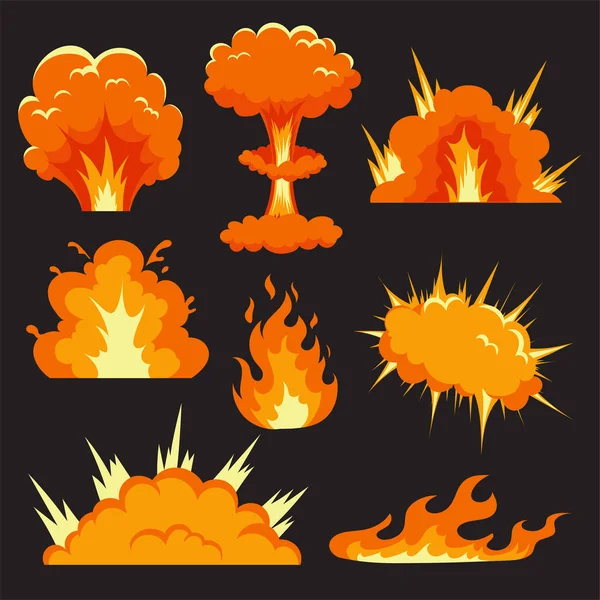Feuer Explosion Vektor Design Sammlung Isoliert Dunklen Hintergrund — Stockvektor