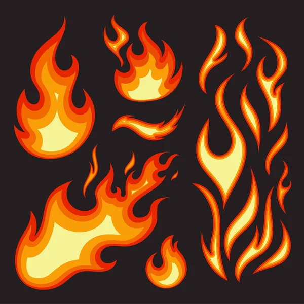 Lodernde Flammen Kollektion Brennen Flachen Stil Design Isoliert Dunklen Hintergrund — Stockvektor