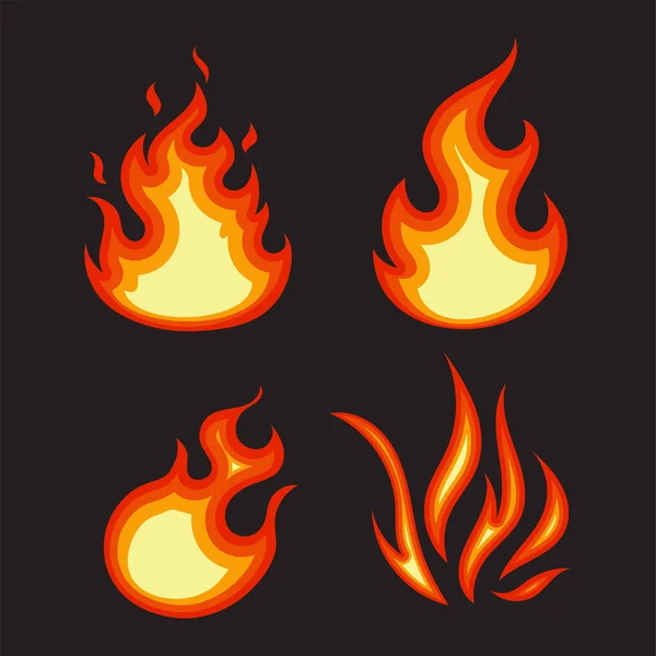 Brennende Flammen Vektor Illustration Sammlung Isoliert Auf Dunklem Hintergrund — Stockvektor