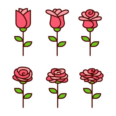 flat design set of red rose vector elements isolated on white background