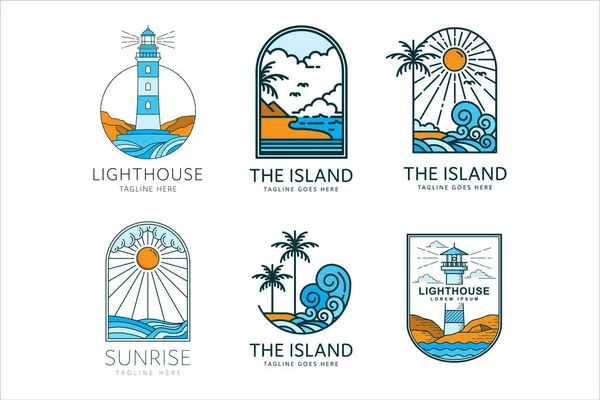 Logo Plaży Tropikalnej Wyspie Palmami Zachodem Słońca Fale Oceaniczne Ilustracja Ilustracje Stockowe bez tantiem