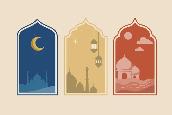 Sammlung Orientalischer Islamischer Fenster Und Bögen Ramadan Konzept Mit Moschee — Stockvektor