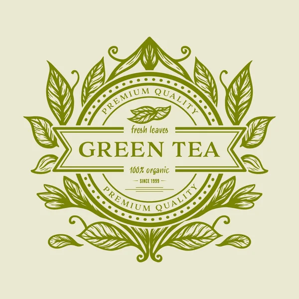 Met Hand Getekende Groene Thee Logo Ontwerp Met Illustratie Van — Stockvector